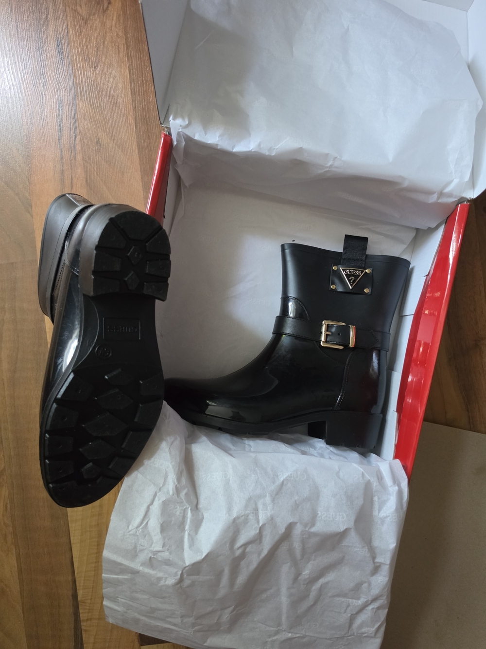 Guess Black Patent Short Ankle Rain Boots with Buckle Accent